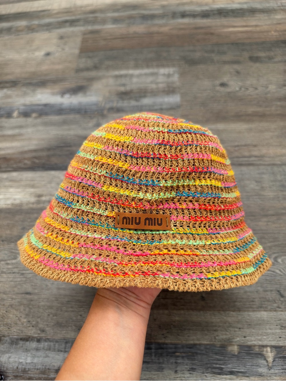 MIU MIU Tan Multicolor Crochet Bucket Hat